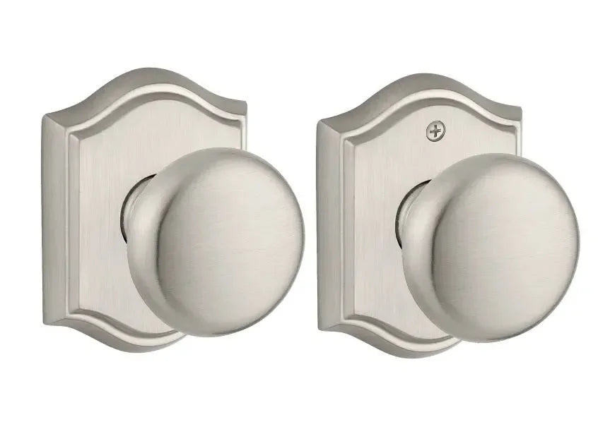 Baldwin Round Knob with Traditional Arch Rosette Satin Nickel
