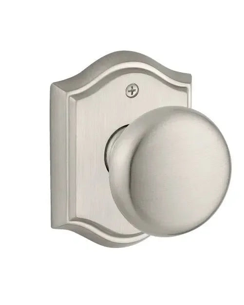 Baldwin Round Knob with Traditional Arch Rosette Satin Nickel