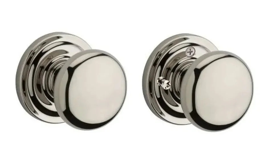 The Baldwin Reserve Round Knob with Traditional Round Rosette in Lifetime Polished Nickel finish.