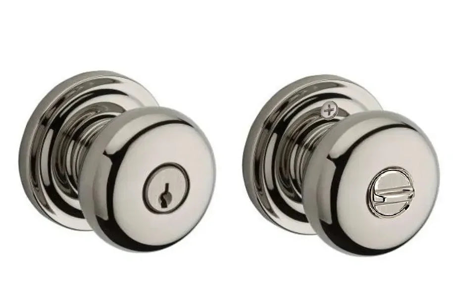 The Baldwin Reserve Round Knob with Traditional Round Rosette in Lifetime Polished Nickel finish.