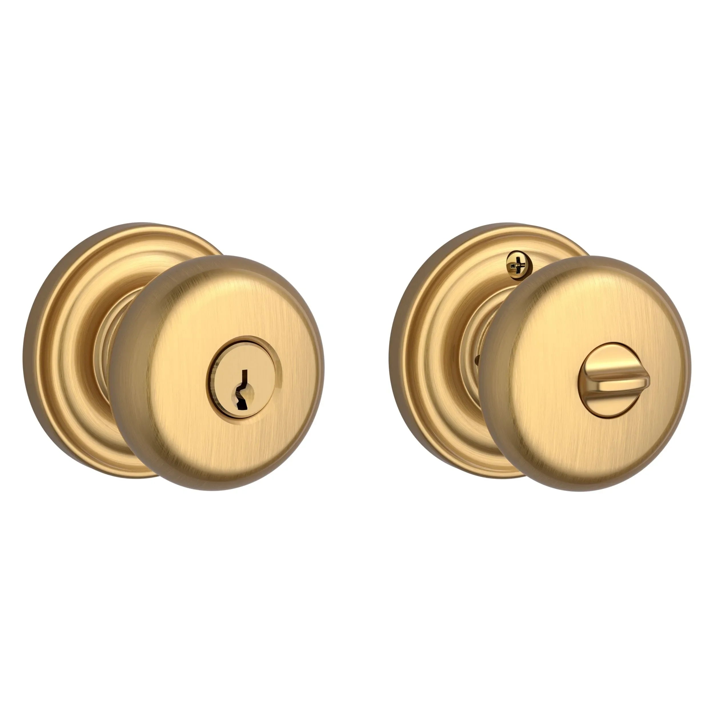 The Baldwin Reserve Round Knob with Traditional Round Rosette in Lifetime Satin Brass finish.