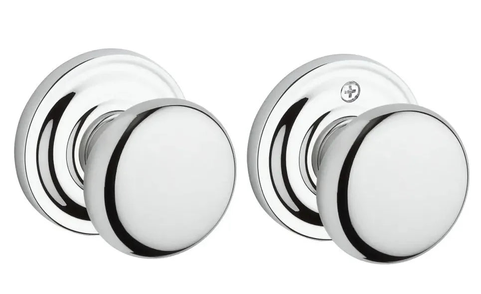The Baldwin Reserve Round Knob with Traditional Round Rosette in Polished Chrome finish.