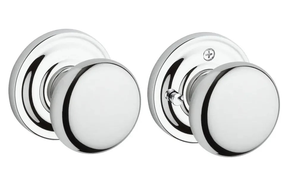 The Baldwin Reserve Round Knob with Traditional Round Rosette in Polished Chrome finish.