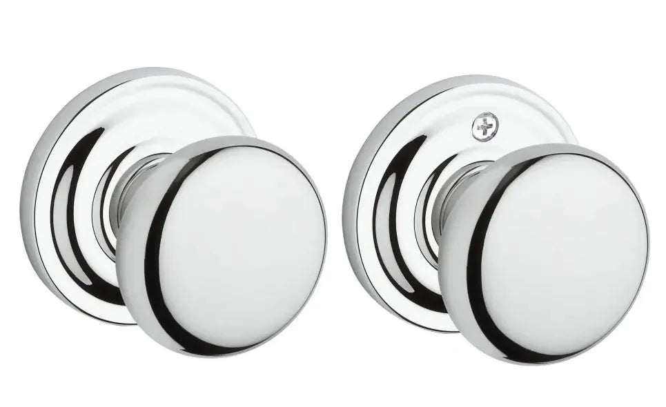 The Baldwin Reserve Round Knob with Traditional Round Rosette in Polished Chrome finish.