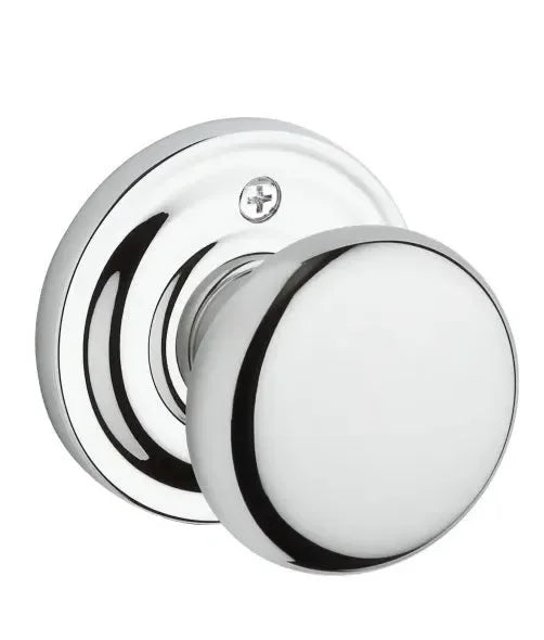 The Baldwin Reserve Round Knob with Traditional Round Rosette in Polished Chrome finish.