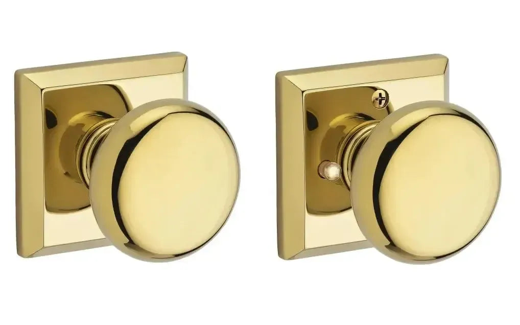 Baldwin Round Knob with Traditional Square Rosette in Lifetime Polished Brass finish