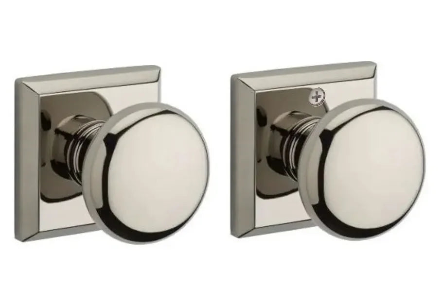 The Baldwin Reserve Round Knob with Traditional Square Rosette in Lifetime Polished Nickel finish.