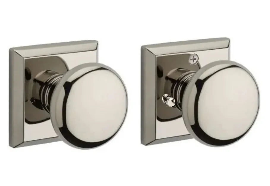 The Baldwin Reserve Round Knob with Traditional Square Rosette in Lifetime Polished Nickel finish.