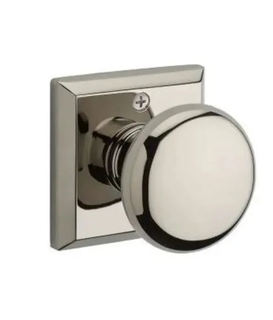 The Baldwin Reserve Round Knob with Traditional Square Rosette in Lifetime Polished Nickel finish.