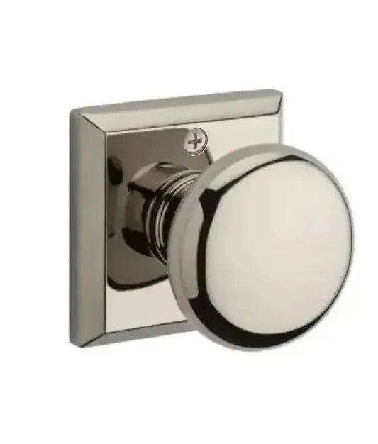 Baldwin Round Knob with Traditional Square Rosette in Lifetime Polished Nickel finish