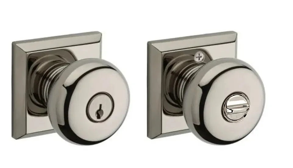 The Baldwin Reserve Round Knob with Traditional Square Rosette in Lifetime Polished Nickel finish.