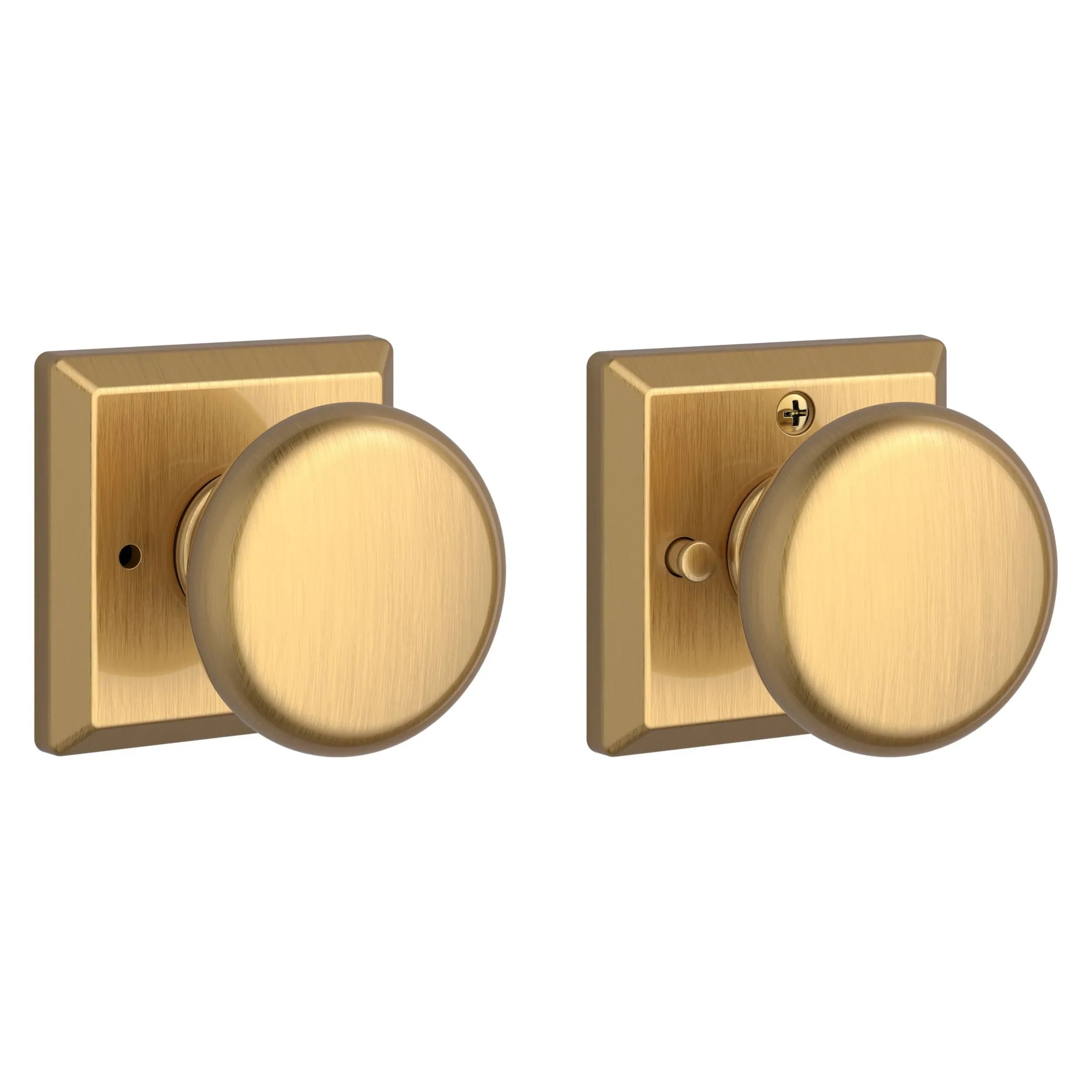 The Baldwin Reserve Round Knob with Traditional Square Rosette in Lifetime Satin Brass finish.