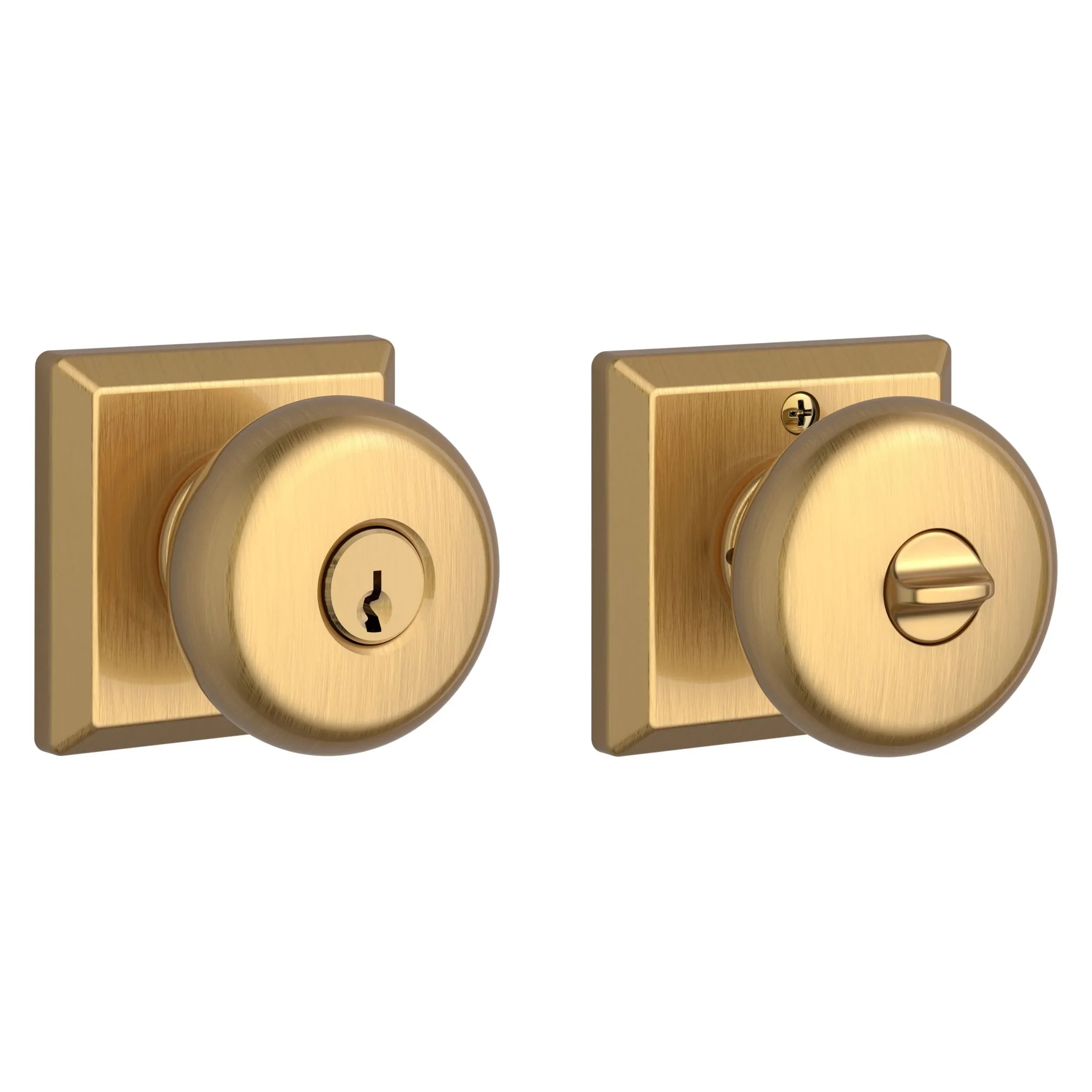 The Baldwin Reserve Round Knob with Traditional Square Rosette in Lifetime Satin Brass finish.