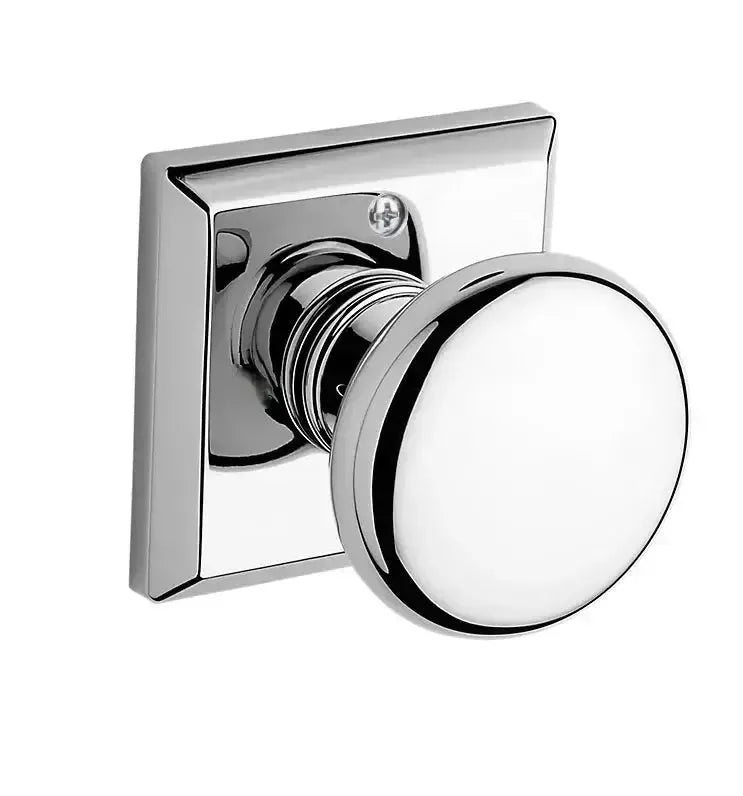 Baldwin Round Knob with Traditional Square Rosette in Polished Chrome finish