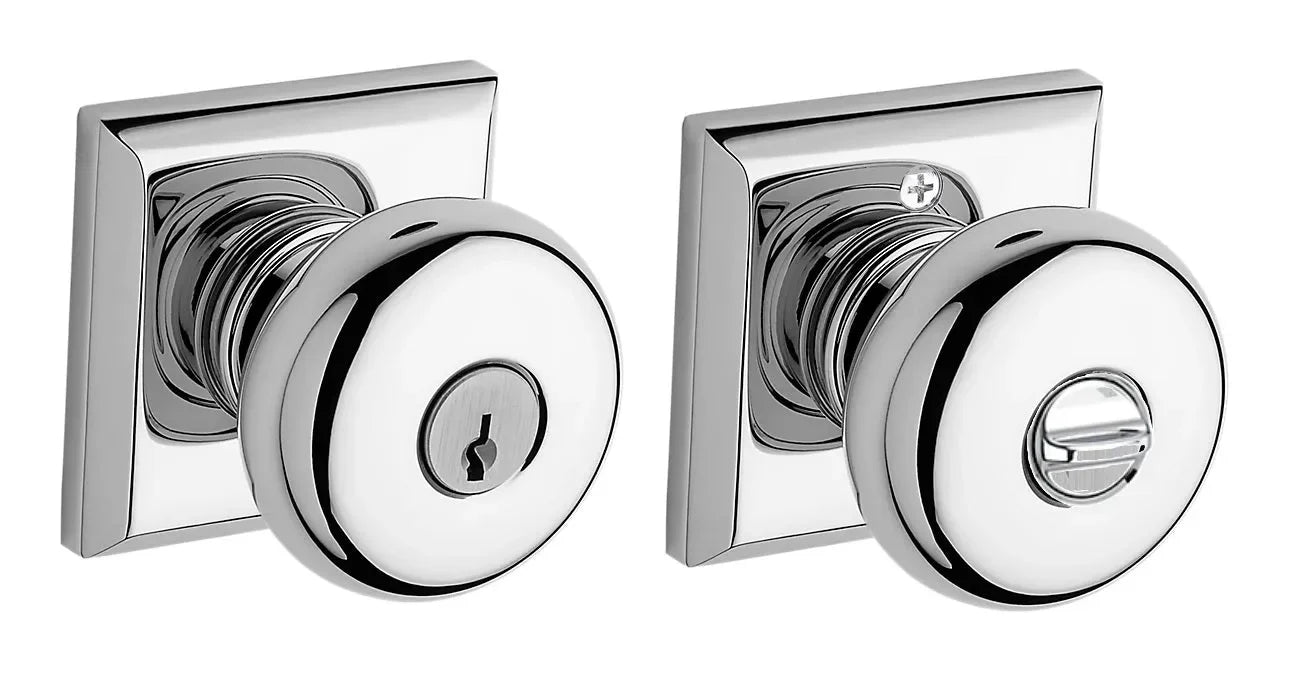 The Baldwin Reserve Round Knob with Traditional Square Rosette in Polished Chrome finish.