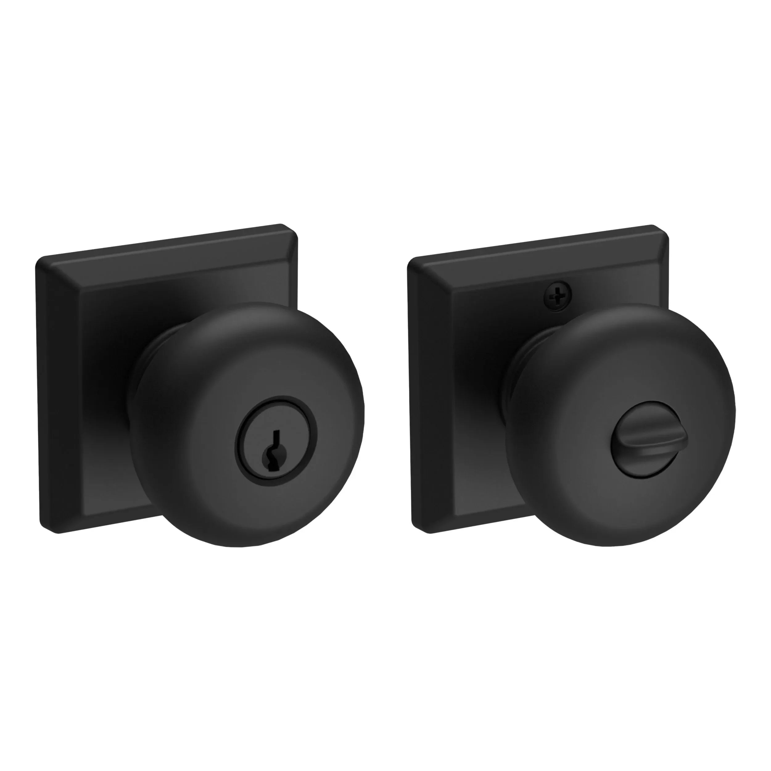 The Baldwin Reserve Round Knob with Traditional Square Rosette in Satin Black finish.