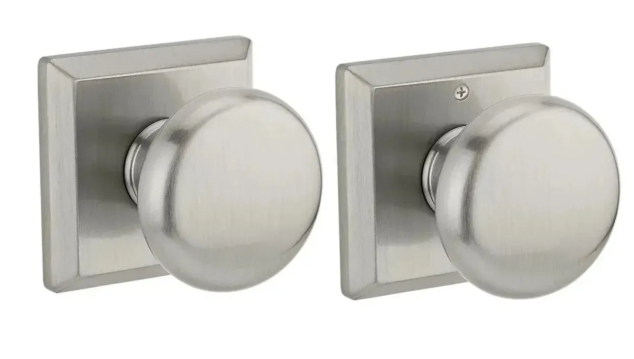 Baldwin Round Knob with Traditional Square Rosette in Satin Nickel finish