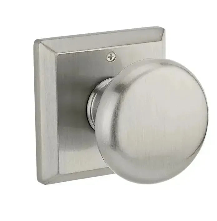 Baldwin Round Knob with Traditional Square Rosette in Satin Nickel finish