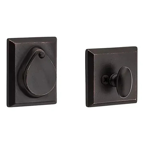 The Baldwin Reserve Rustic Square Deadbolt in Dark Bronze finish.
