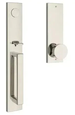 Baldwin Santa Cruz Handleset with Interior Contemporary Knob and Contemporary Square Escutcheon in Lifetime Polished Nickel finish