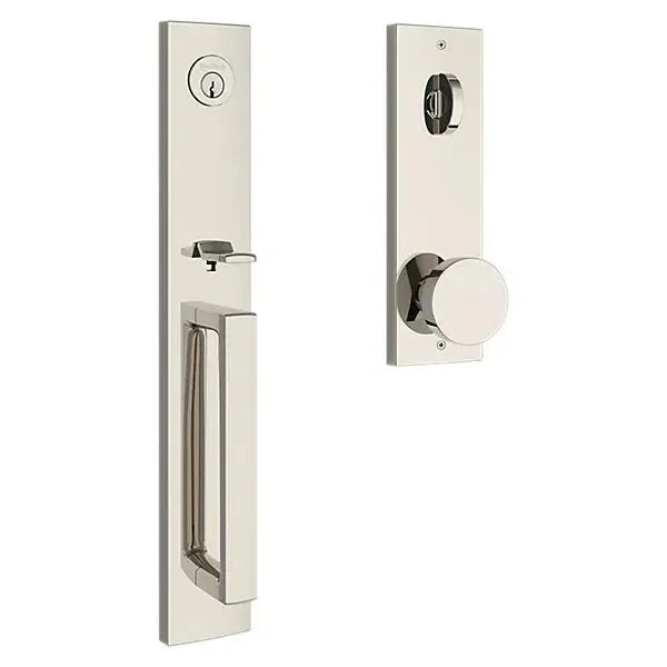 The Baldwin Reserve Santa Cruz Handleset with Interior Contemporary Knob with Contemporary Square Escutcheon in Lifetime Polished Nickel finish.