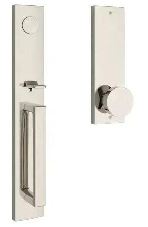 The Baldwin Reserve Santa Cruz Handleset with Interior Contemporary Knob with Contemporary Square Escutcheon in Lifetime Polished Nickel finish.