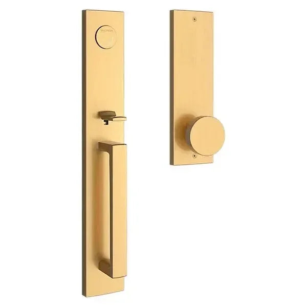 The Baldwin Reserve Santa Cruz Handleset with Interior Contemporary Knob with Contemporary Square Escutcheon in Lifetime Satin Brass finish.