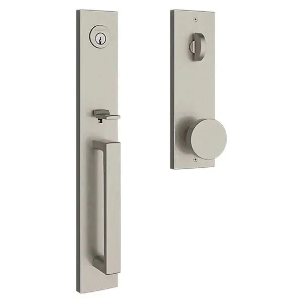 The Baldwin Reserve Santa Cruz Handleset with Interior Contemporary Knob with Contemporary Square Escutcheon in Lifetime Satin Nickel finish.
