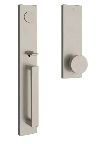 The Baldwin Reserve Santa Cruz Handleset with Interior Contemporary Knob with Contemporary Square Escutcheon in Lifetime Satin Nickel finish.
