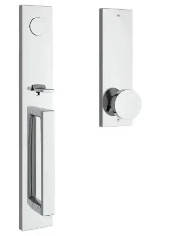 The Baldwin Reserve Santa Cruz Handleset with Interior Contemporary Knob with Contemporary Square Escutcheon in Polished Chrome finish.