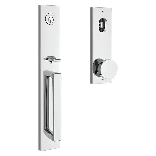 The Baldwin Reserve Santa Cruz Handleset with Interior Contemporary Knob with Contemporary Square Escutcheon in Polished Chrome finish.