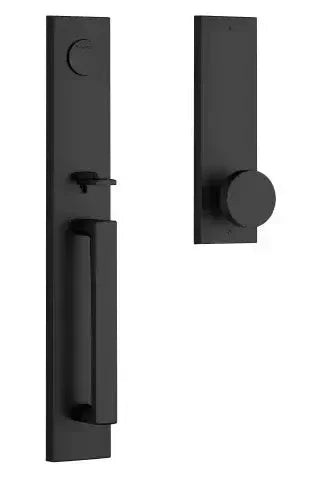 The Baldwin Reserve Santa Cruz Handleset with Interior Contemporary Knob with Contemporary Square Escutcheon in Satin Black finish.