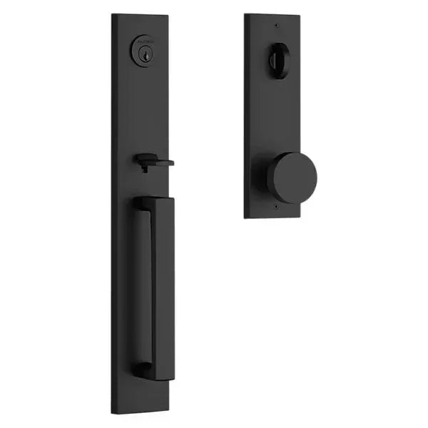 The Baldwin Reserve Santa Cruz Handleset with Interior Contemporary Knob with Contemporary Square Escutcheon in Satin Black finish.