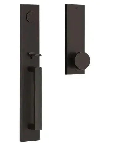 The Baldwin Reserve Santa Cruz Handleset with Interior Contemporary Knob with Contemporary Square Escutcheon in Venetian Bronze finish.
