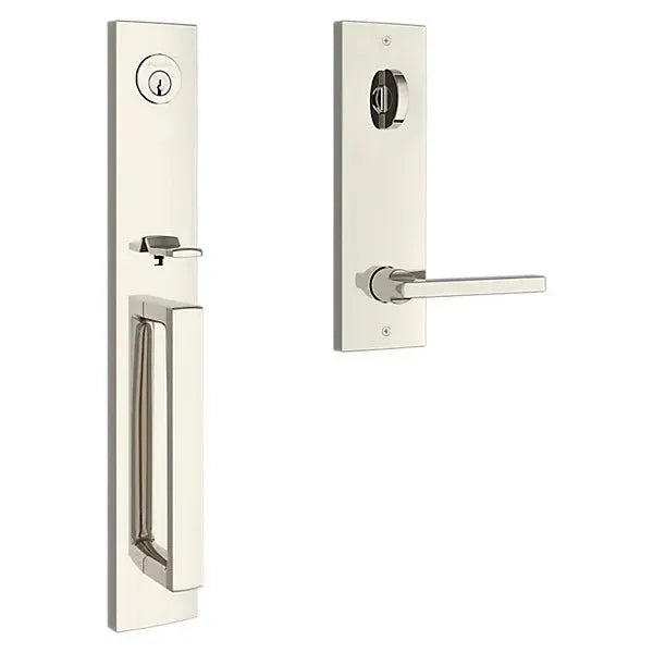 The Baldwin Reserve Santa Cruz Handleset with Interior Square Lever with Contemporary Square Escutcheon in Lifetime Polished Nickel finish.