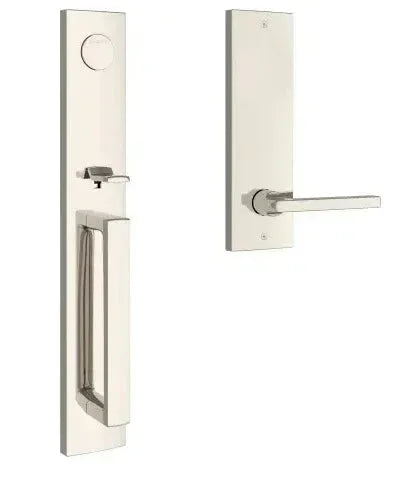 The Baldwin Reserve Santa Cruz Handleset with Interior Square Lever with Contemporary Square Escutcheon in Lifetime Polished Nickel finish.