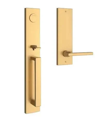 The Baldwin Reserve Santa Cruz Handleset with Interior Square Lever with Contemporary Square Escutcheon in Lifetime Satin Brass finish.