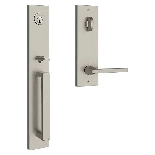 The Baldwin Reserve Santa Cruz Handleset with Interior Square Lever with Contemporary Square Escutcheon in Lifetime Satin Nickel finish.