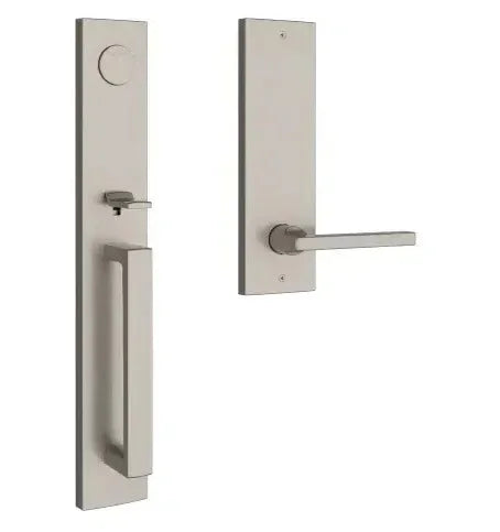 The Baldwin Reserve Santa Cruz Handleset with Interior Square Lever with Contemporary Square Escutcheon in Lifetime Satin Nickel finish.