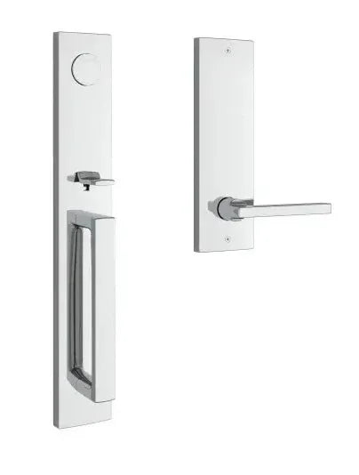 The Baldwin Reserve Santa Cruz Handleset with Interior Square Lever with Contemporary Square Escutcheon in Polished Chrome finish.