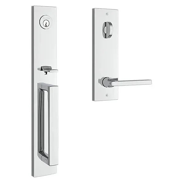 The Baldwin Reserve Santa Cruz Handleset with Interior Square Lever with Contemporary Square Escutcheon in Polished Chrome finish.