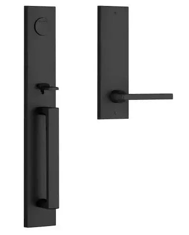 The Baldwin Reserve Santa Cruz Handleset with Interior Square Lever with Contemporary Square Escutcheon in Satin Black finish.