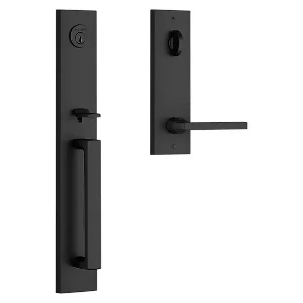 The Baldwin Reserve Santa Cruz Handleset with Interior Square Lever with Contemporary Square Escutcheon in Satin Black finish.