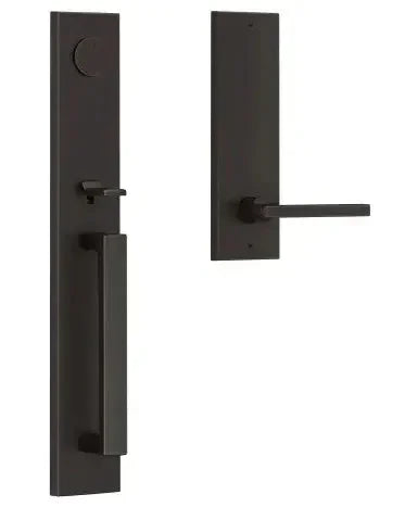 The Baldwin Reserve Santa Cruz Handleset with Interior Square Lever with Contemporary Square Escutcheon in Venetian Bronze finish.
