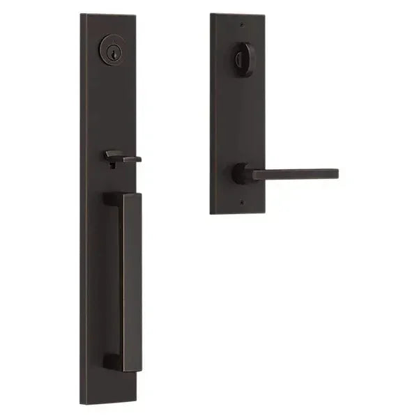 The Baldwin Reserve Santa Cruz Handleset with Interior Square Lever with Contemporary Square Escutcheon in Venetian Bronze finish.