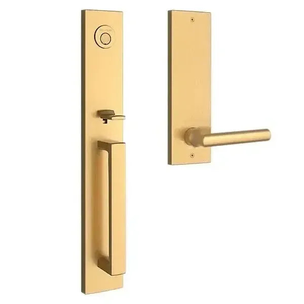 Baldwin Santa Cruz Handleset with Interior Tube Lever and Contemporary Square Escutcheon in Lifetime Satin Brass finish