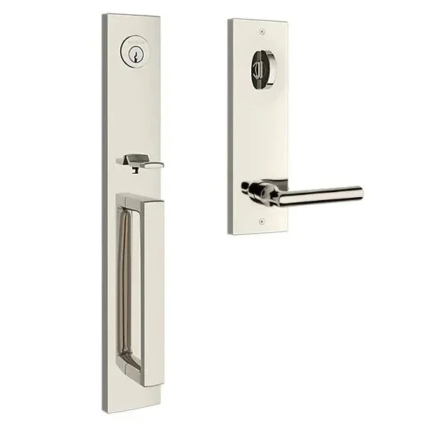 The Baldwin Reserve Santa Cruz Handleset with Interior Tube Lever with Contemporary Square Escutcheon in Lifetime Polished Nickel finish.