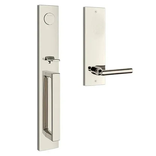 The Baldwin Reserve Santa Cruz Handleset with Interior Tube Lever with Contemporary Square Escutcheon in Lifetime Polished Nickel finish.