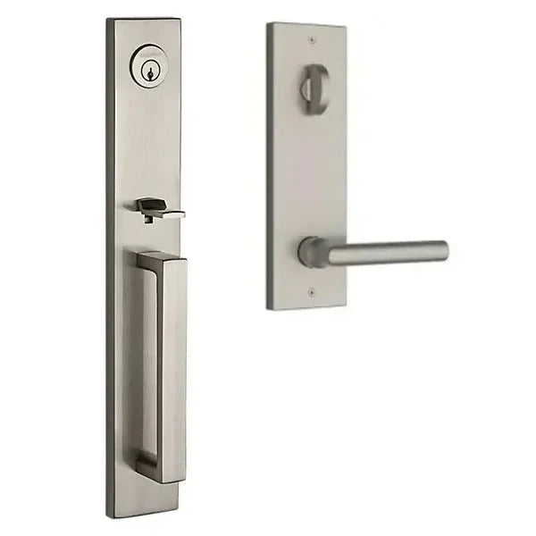 The Baldwin Reserve Santa Cruz Handleset with Interior Tube Lever with Contemporary Square Escutcheon in Lifetime Satin Nickel finish.