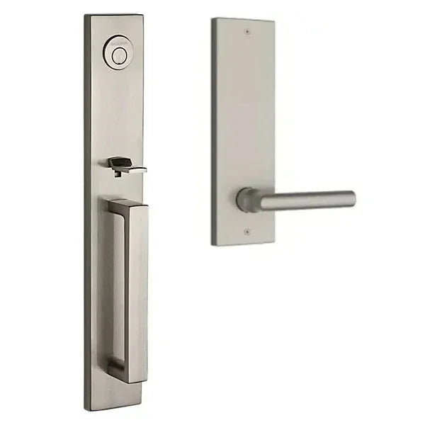 The Baldwin Reserve Santa Cruz Handleset with Interior Tube Lever with Contemporary Square Escutcheon in Lifetime Satin Nickel finish.